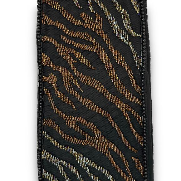 Chicos Beaded Fringe Scarf Semi Sheer Black Brown Tiger Stripe Approx 56"x6" - Picture 3 of 8
